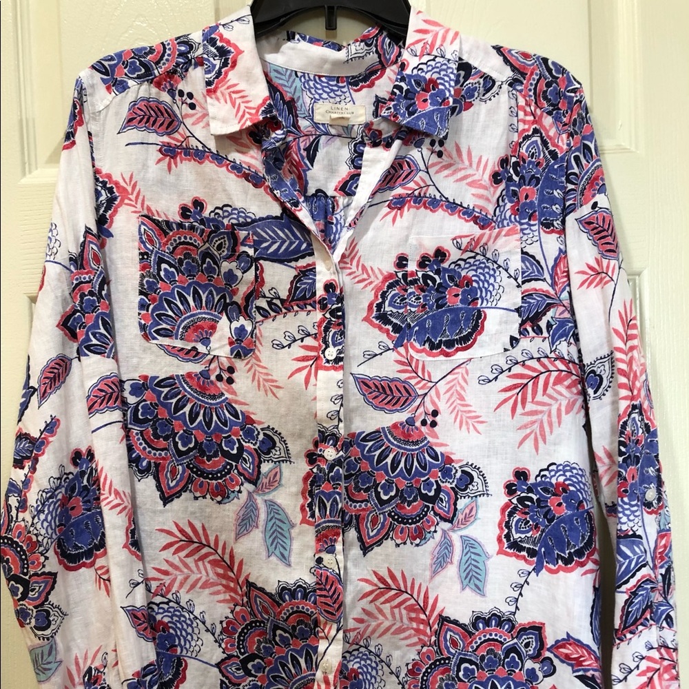 Charter Club Luxury, women’s blu/pk/crm long sleeve, button shirt, 100% linen, L